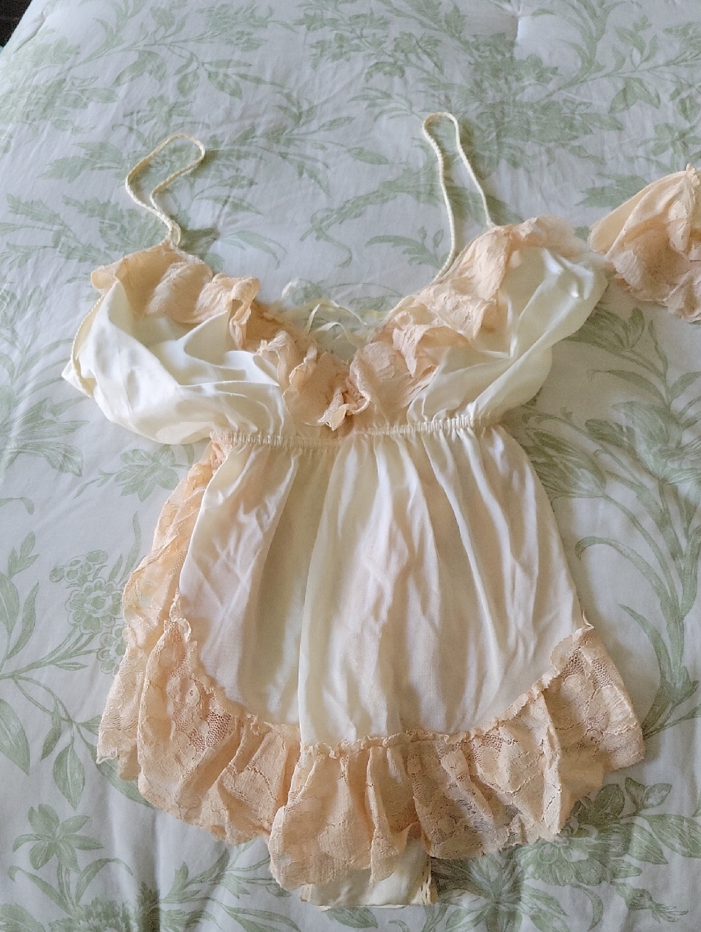 1970's, 1980's Vintage Cream and Peach Lace Bodysuit And Matching Robe